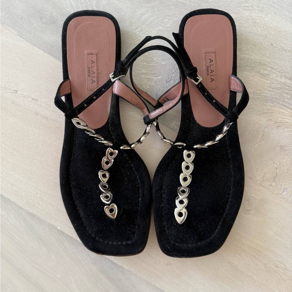Alaia Black Suede Thong Sandals with Silver Heart Accents 37 1/2 37.5